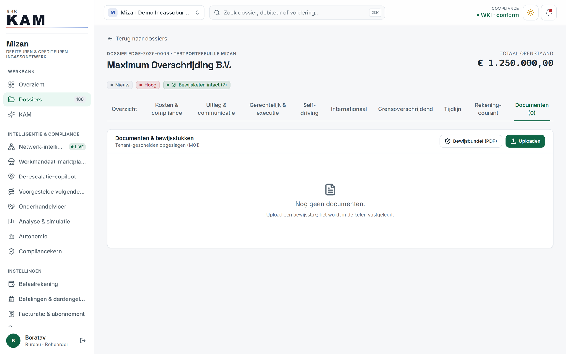 The Documents tab: evidence kept securely and separately per organisation, and recorded in the immutable chain