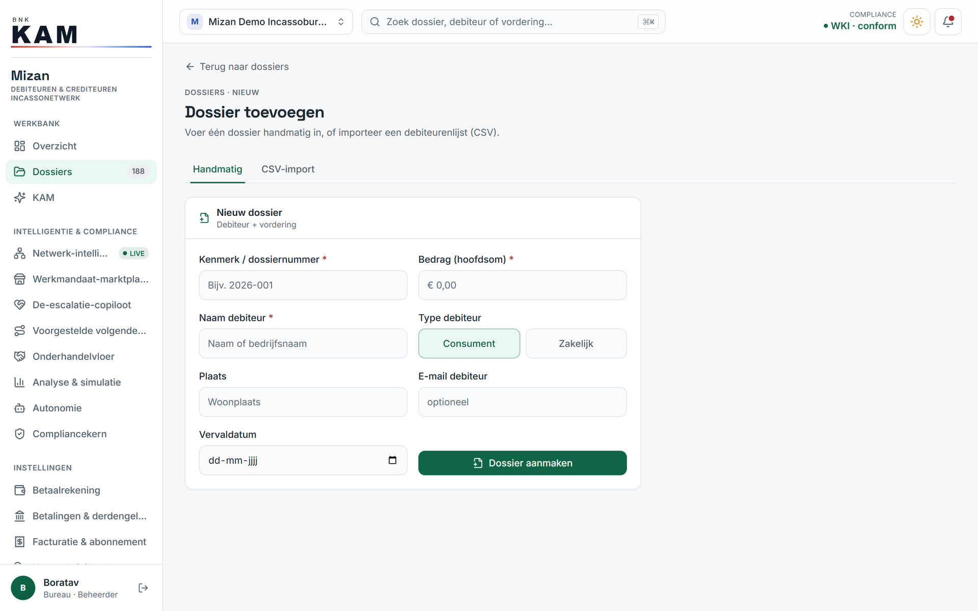 Adding a case file: manually or via a CSV import of an entire list