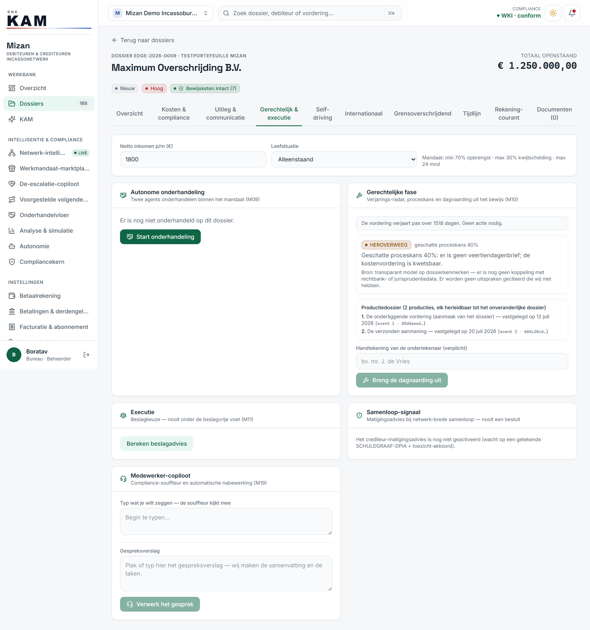 The Judicial and enforcement tab: litigation odds with caveats, a traceable production file, an attachment calculation within the beslagvrije voet and a co-pilot looking on