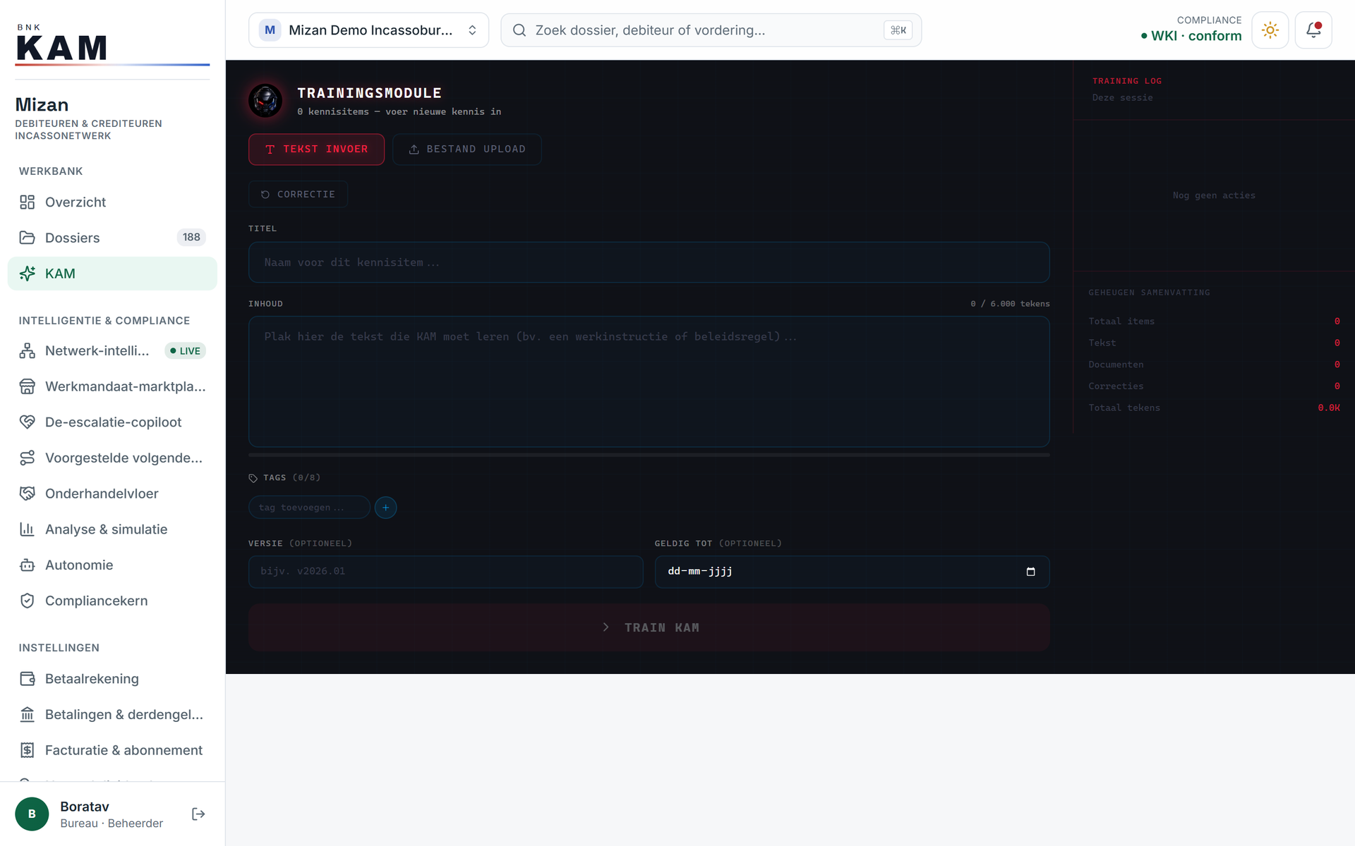 The training module: adding your own knowledge as text or document, optionally with a validity date