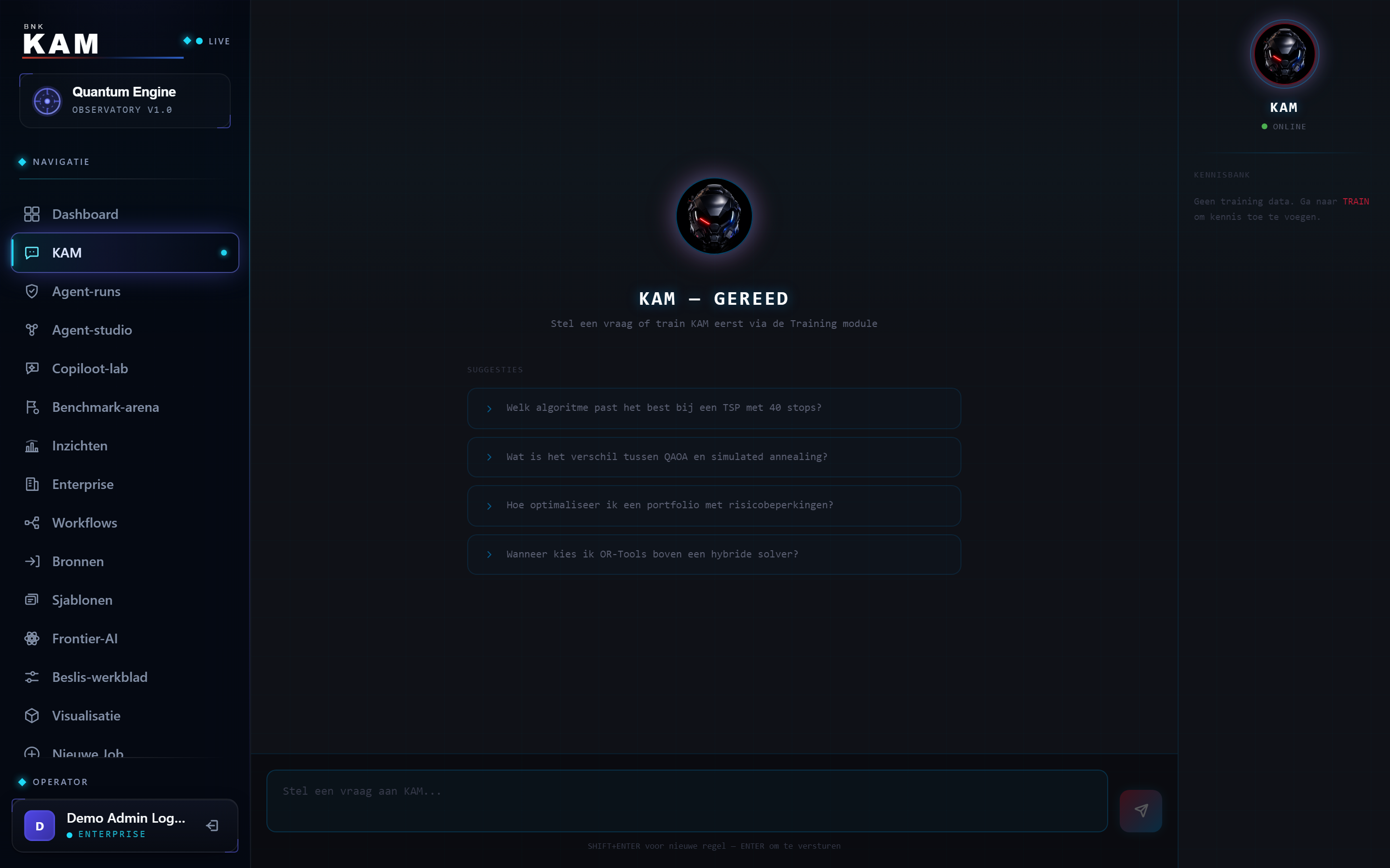 KAM Chat with greeting, suggested questions and the knowledge-base side panel