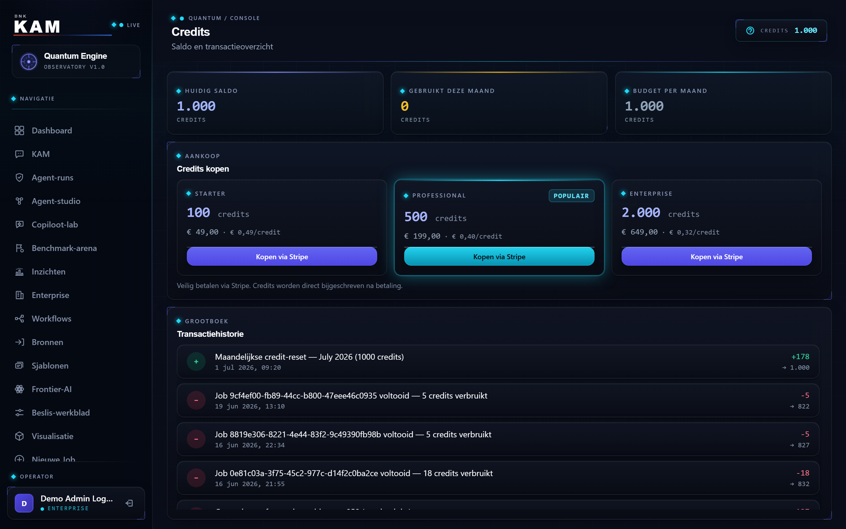 Credits with balance, usage, credit bundles via Stripe and the transaction ledger