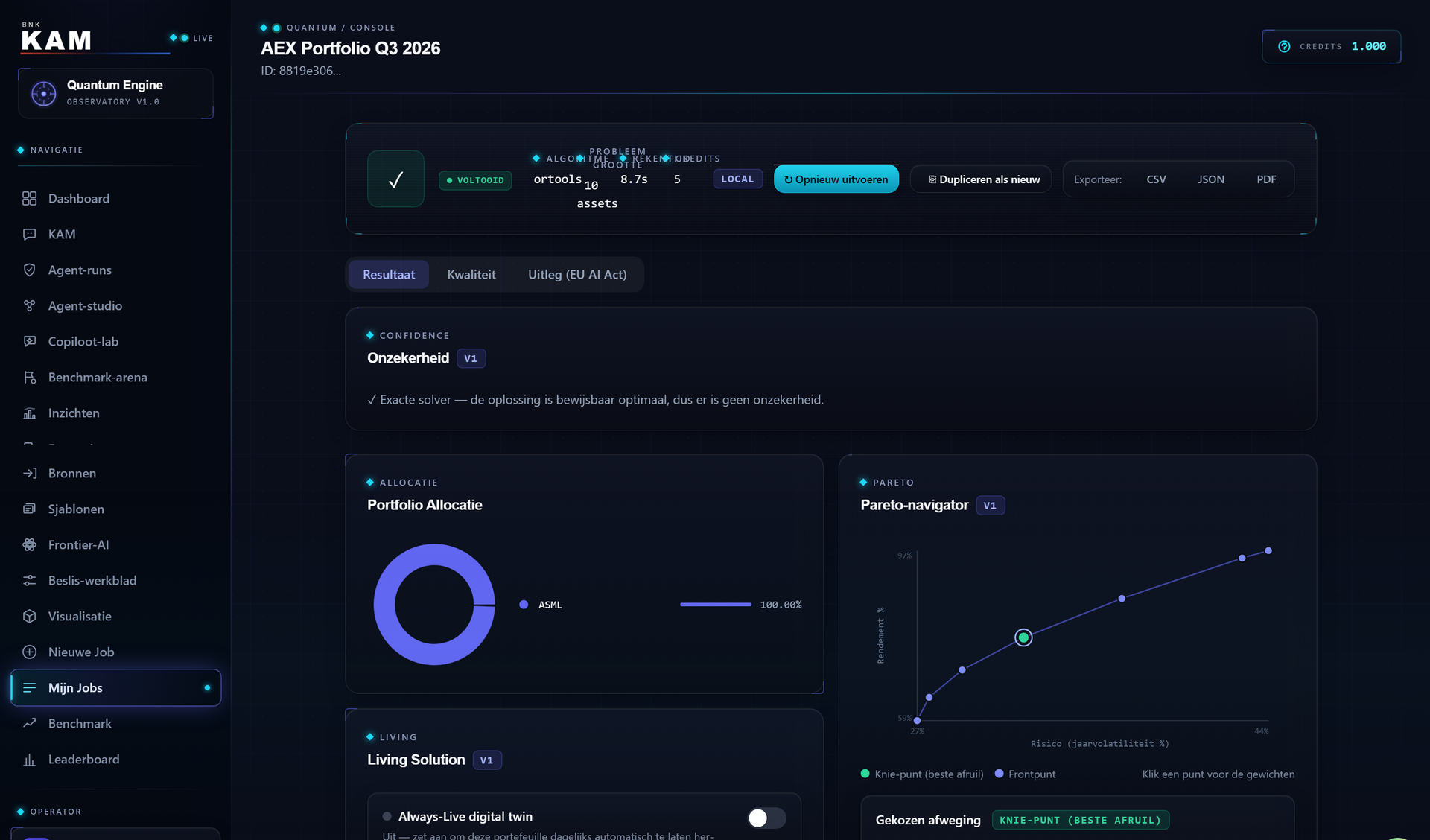 Job detail, Result tab: uncertainty band, portfolio allocation and an interactive Pareto navigator