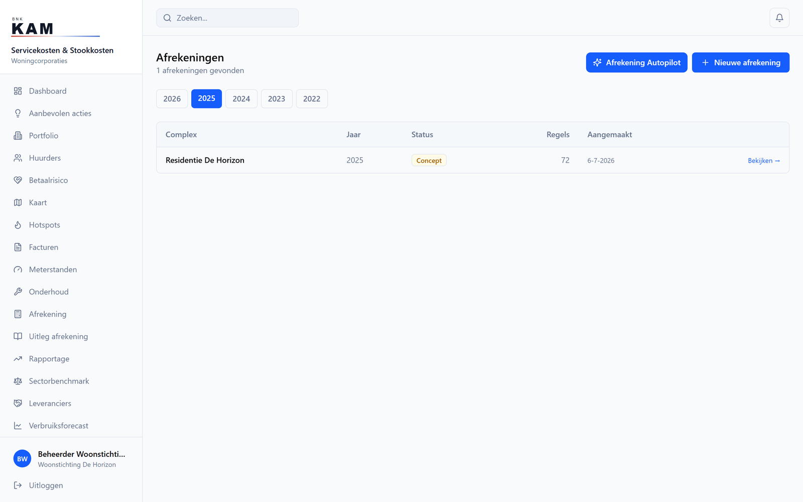 Statement: automatic cost allocation per home with share, advance payment and balance