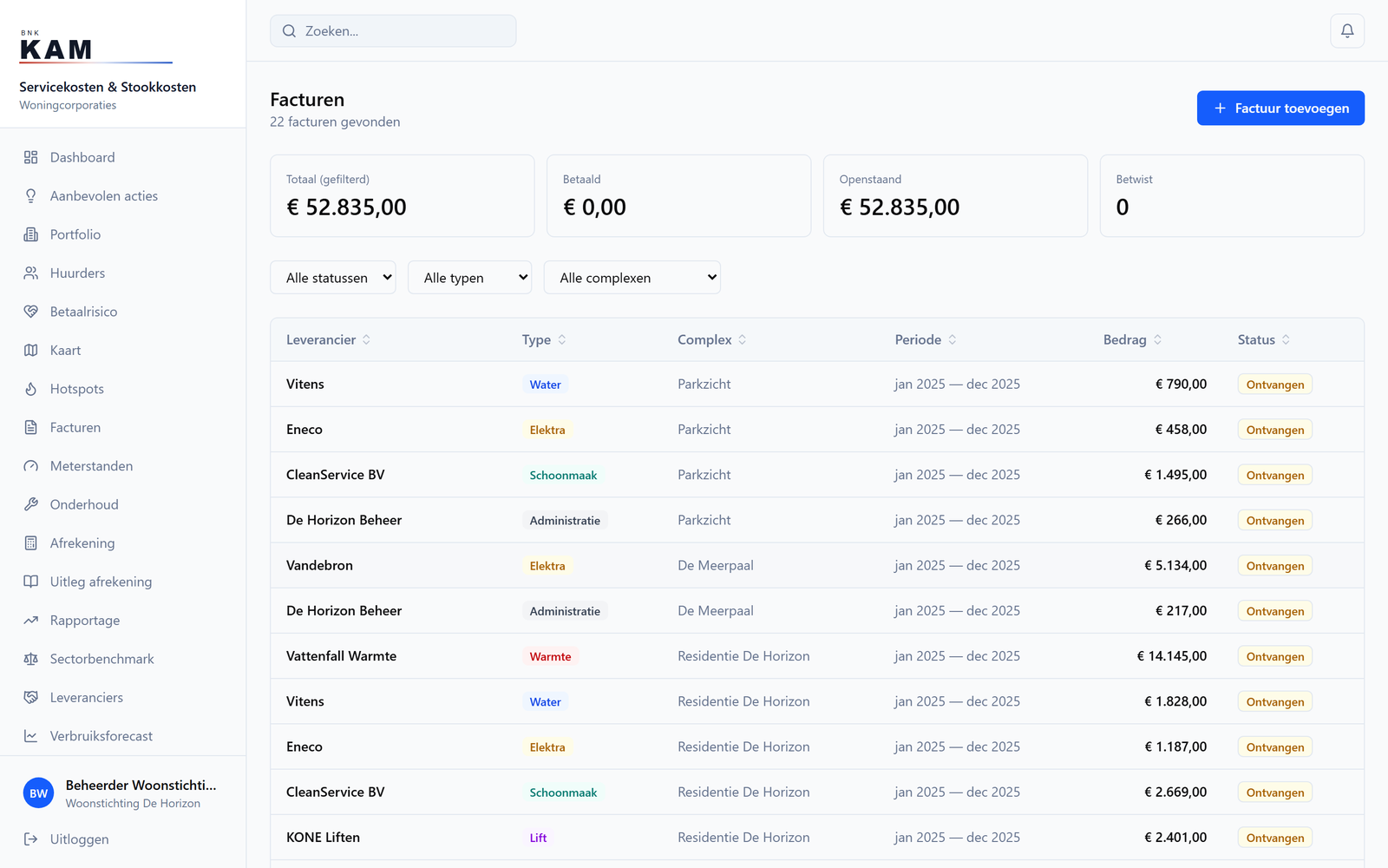 Invoices: all supplier invoices per complex and cost type