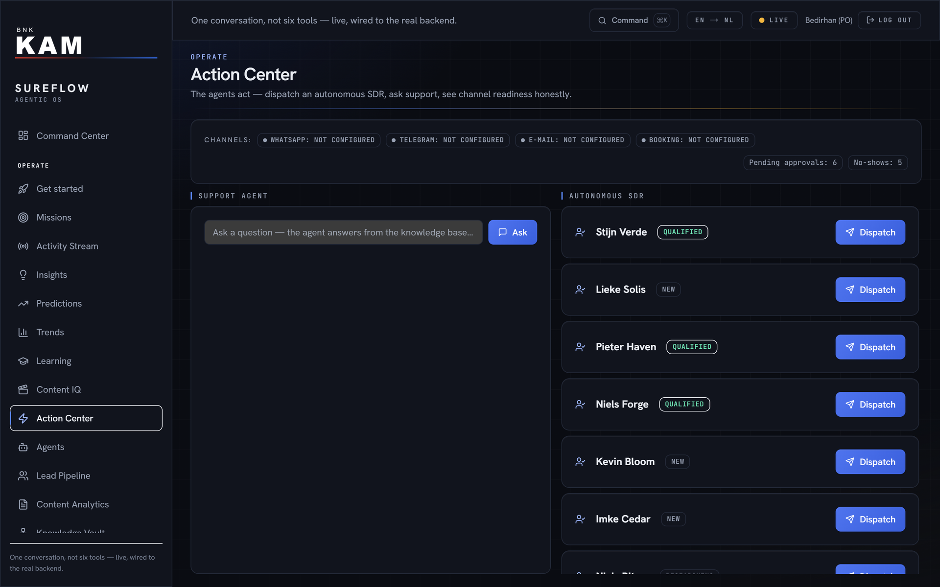 Action Center: at the top the readiness of the channels, below it the assistant and the list of leads to follow up