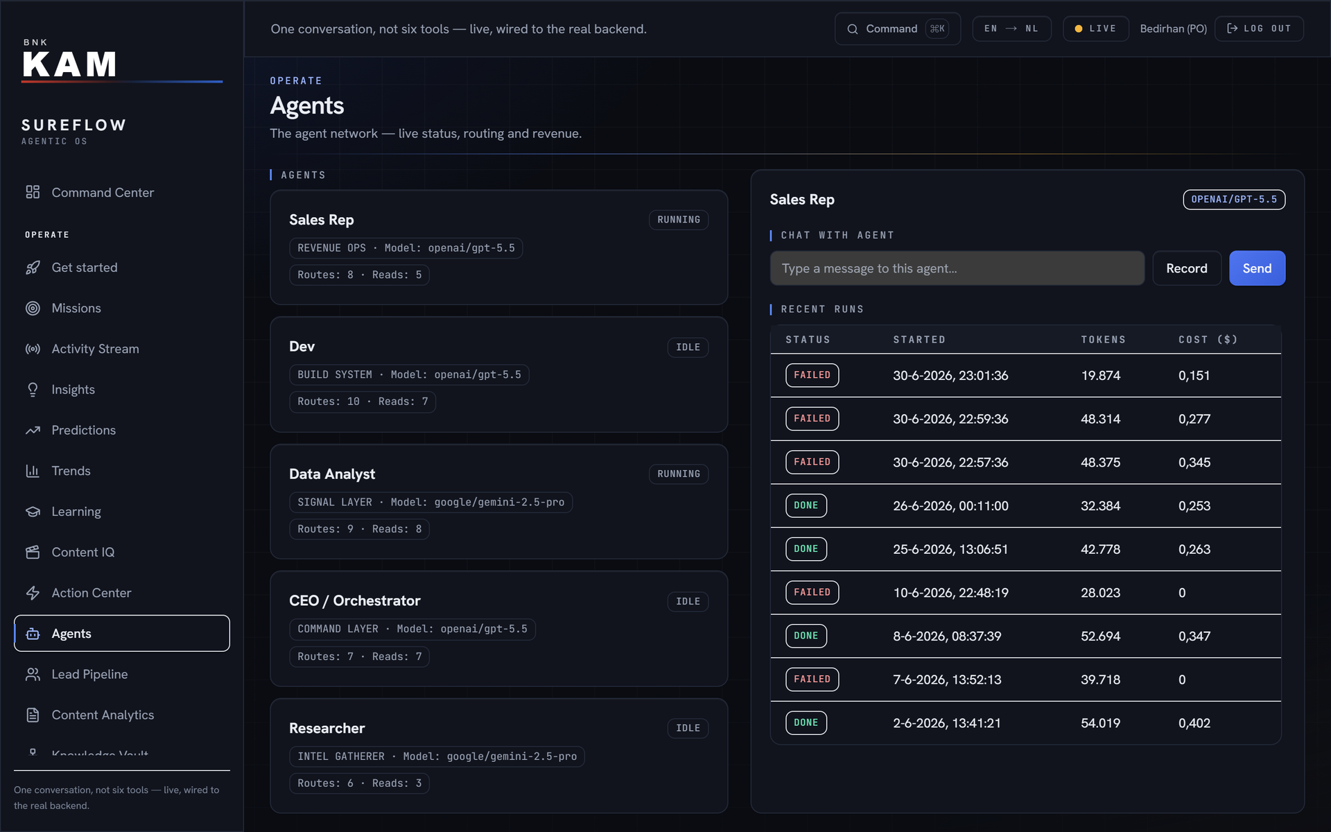 The team screen: on the left the AI colleagues with role and status, on the right a direct message window and the recent tasks