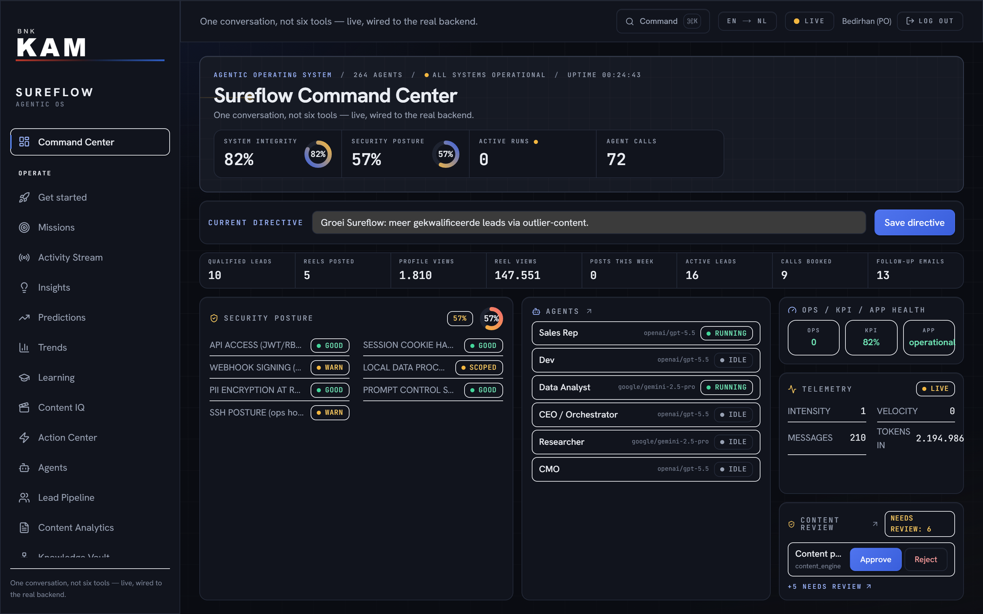 The Command Center with key figures, the command field, results and the panels for team, security and approvals