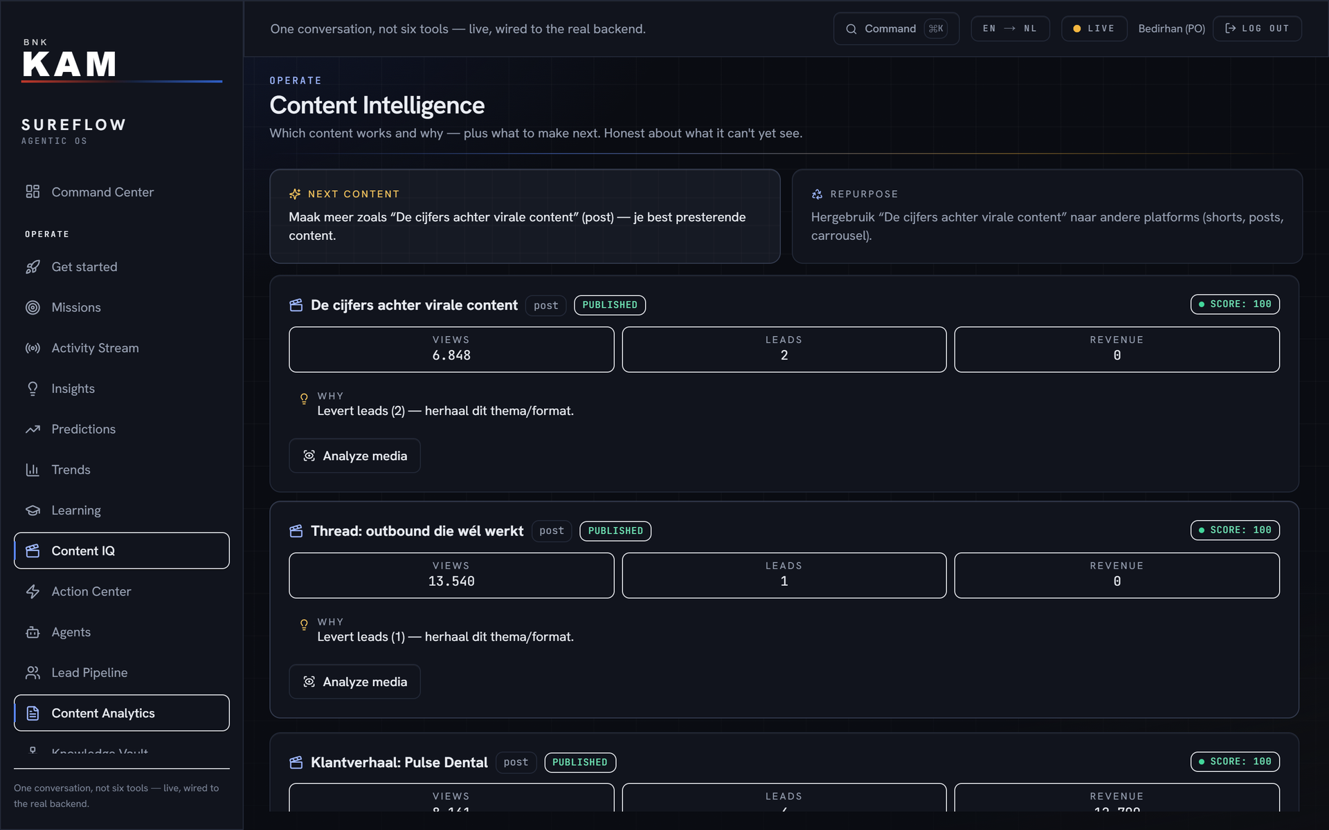 Content IQ: at the top a proposal for new content and a reuse tip, below it your content with the results for each piece