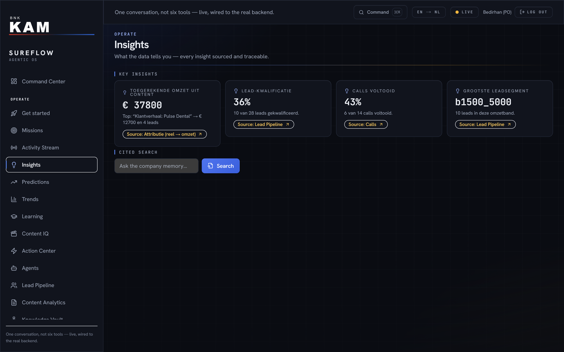 Insights: insights as cards, each with a clickable source reference, plus a search bar in the company memory