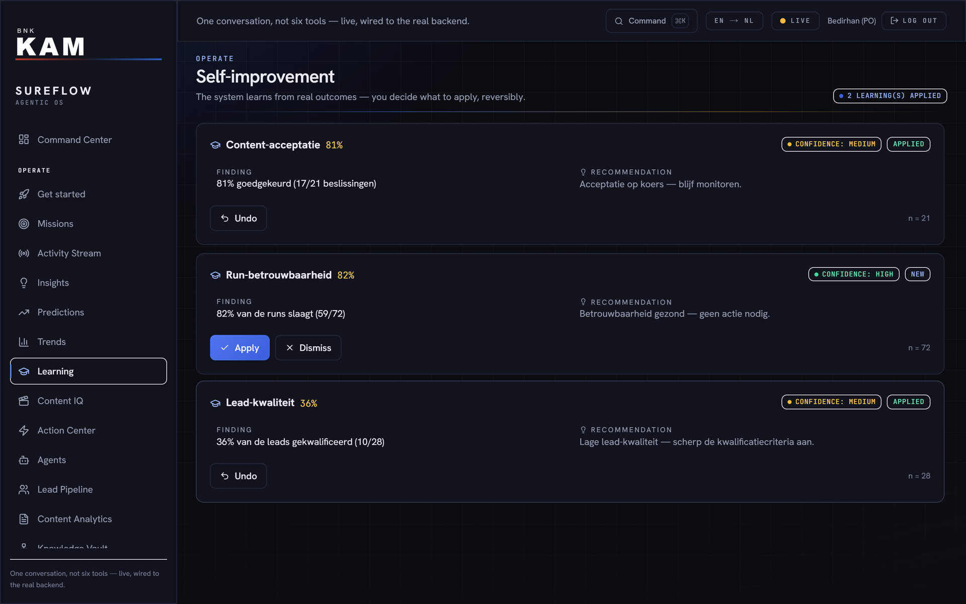 Suggested improvements with a finding and a recommendation, and the choice whether or not to apply them