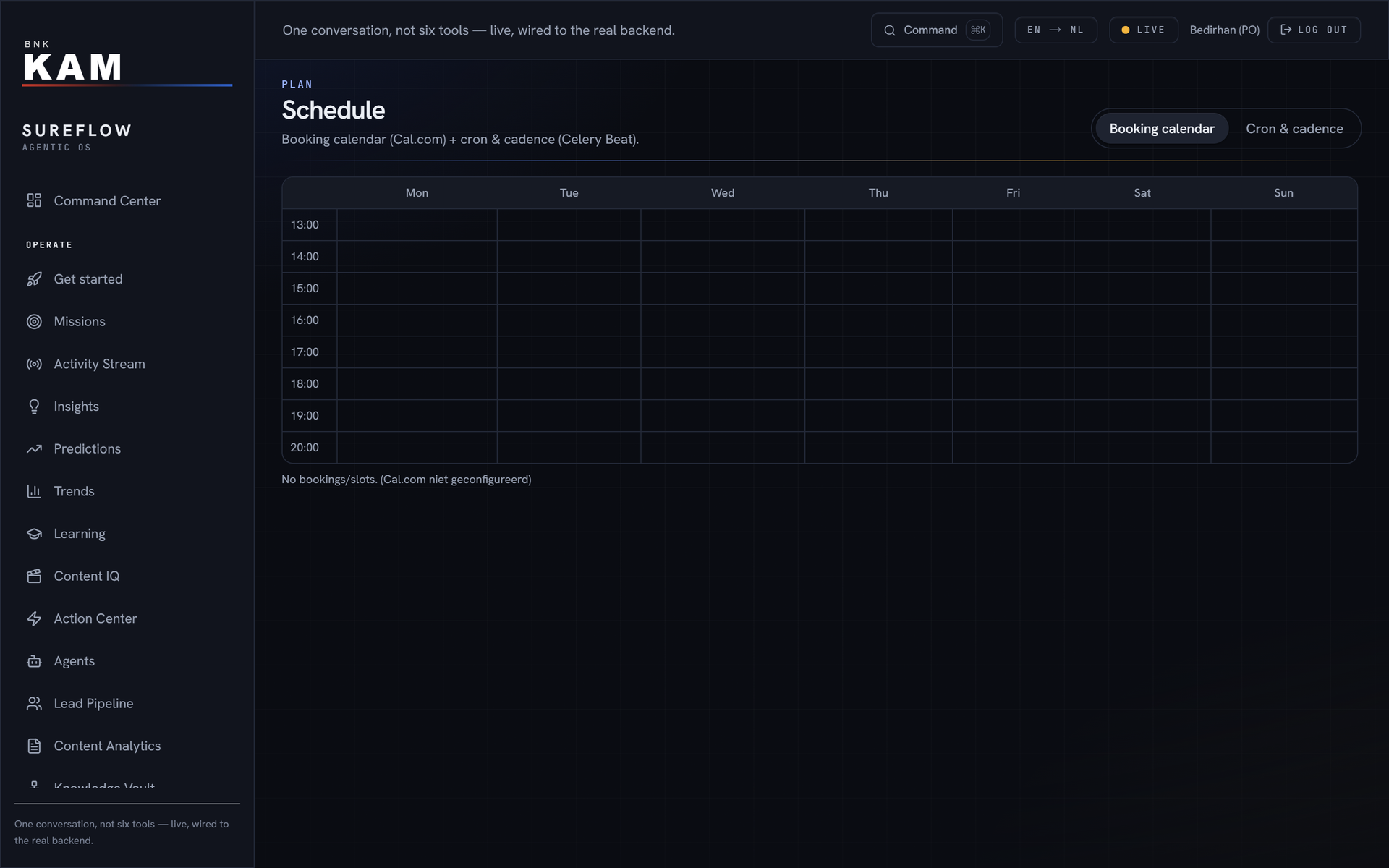 The weekly calendar with the time slots in which conversations can be booked