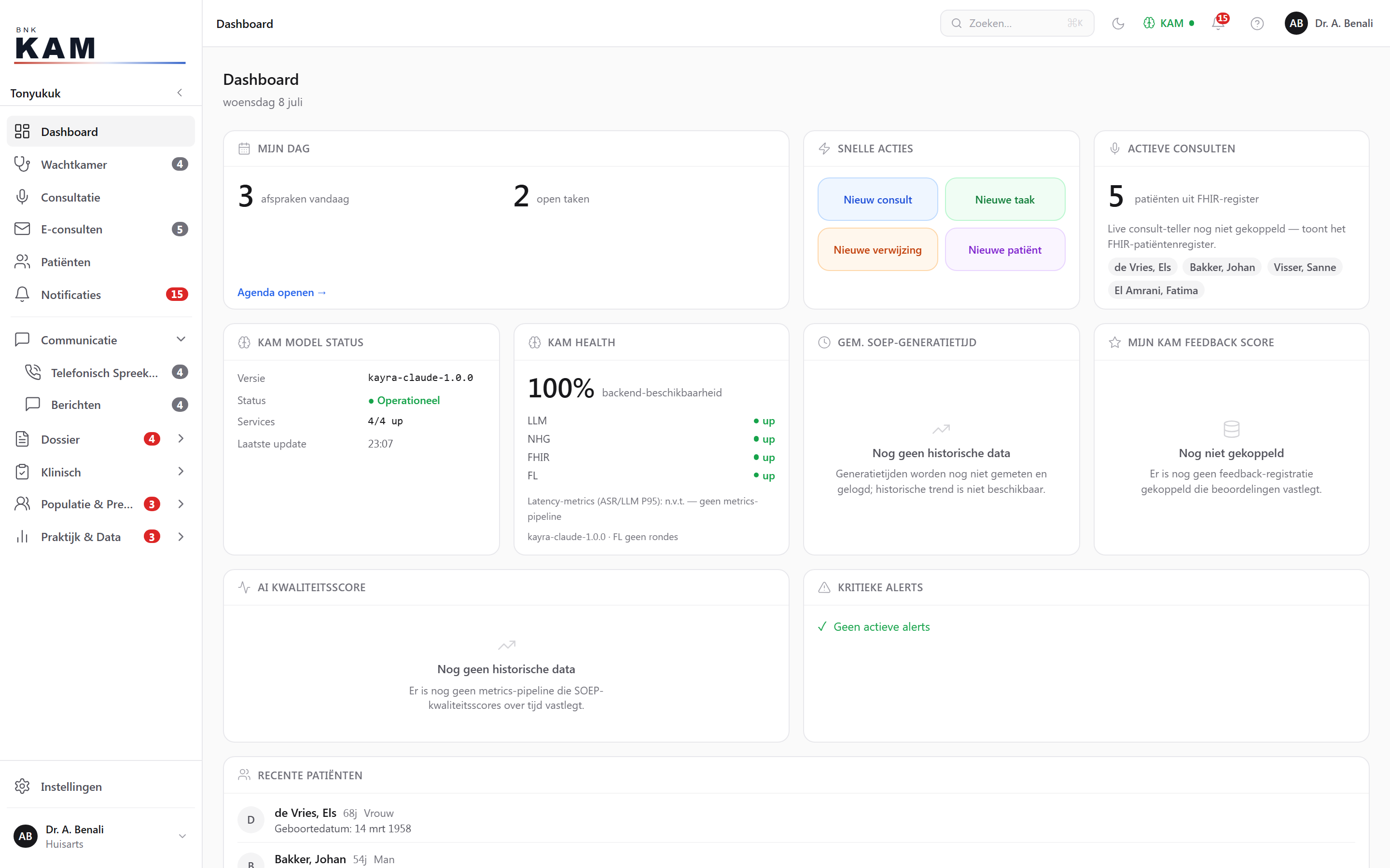 Tonyukuk main dashboard with the practice day, KAM status and recent patients