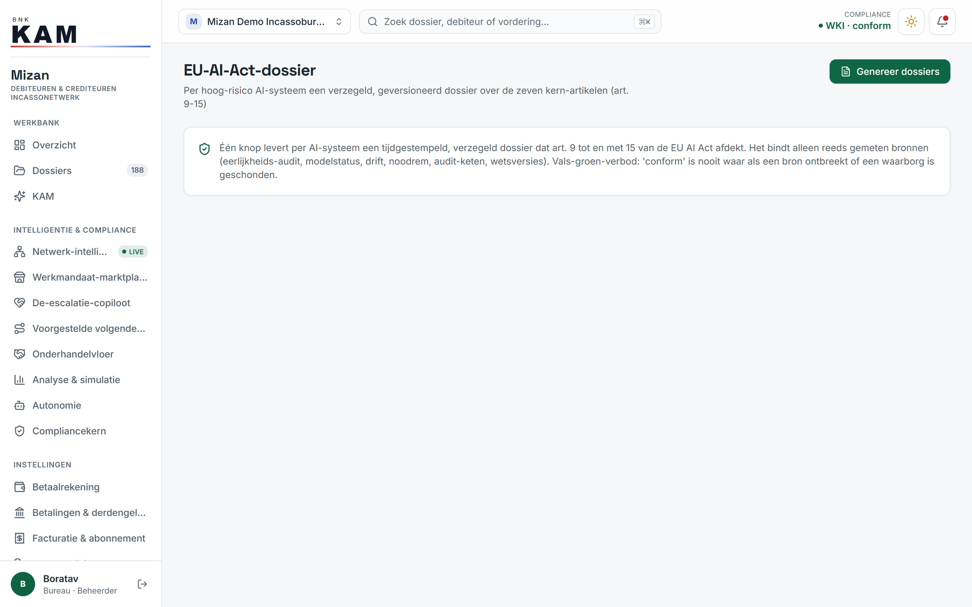 The EU AI Act dossier: a sealed dossier per function on the core articles, with a prohibition on false green