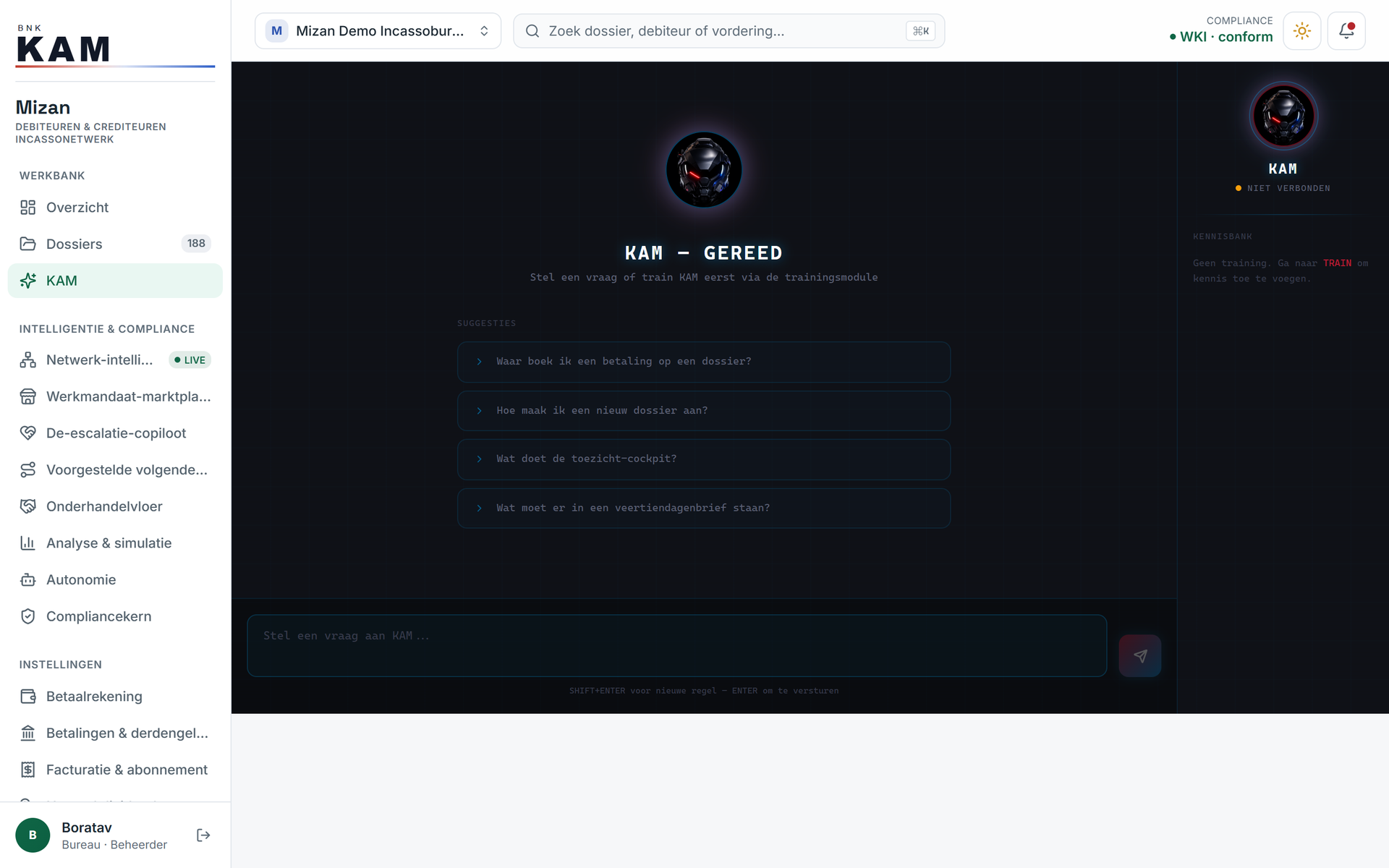The KAM chat: asking questions in plain language, with starter suggestions