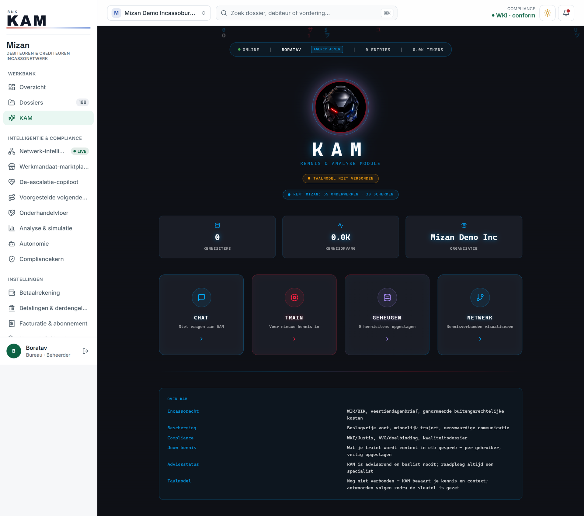 KAM, the knowledge and analysis assistant, with the entry points to the chat, the training module, the memory and the network