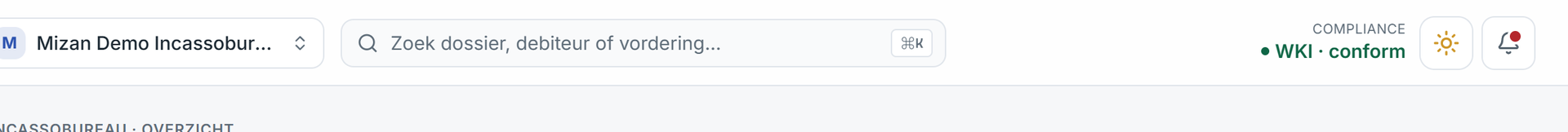 The top bar: organisation selector, search, the continuous compliance indicator, theme, notifications and account