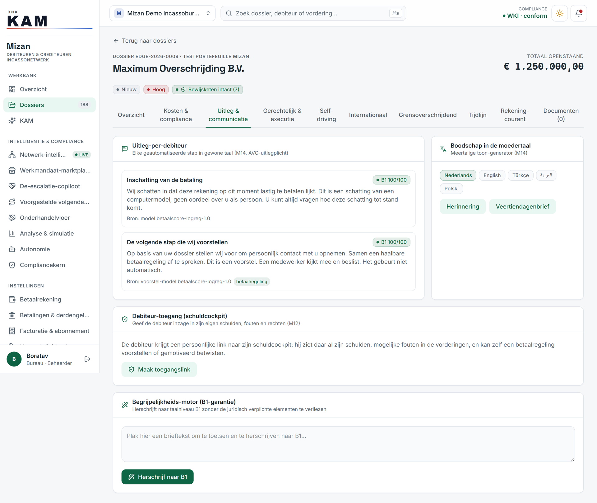 The Explanation and communication tab: explanation in plain language with source citation, multilingual communication, a B1 rewriter and a personal debt cockpit for the debtor