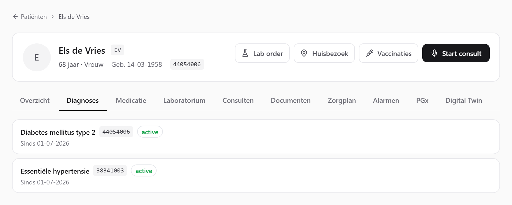 الملف الطبي في Tonyukuk، تبويب التشخيصات من FHIR Condition