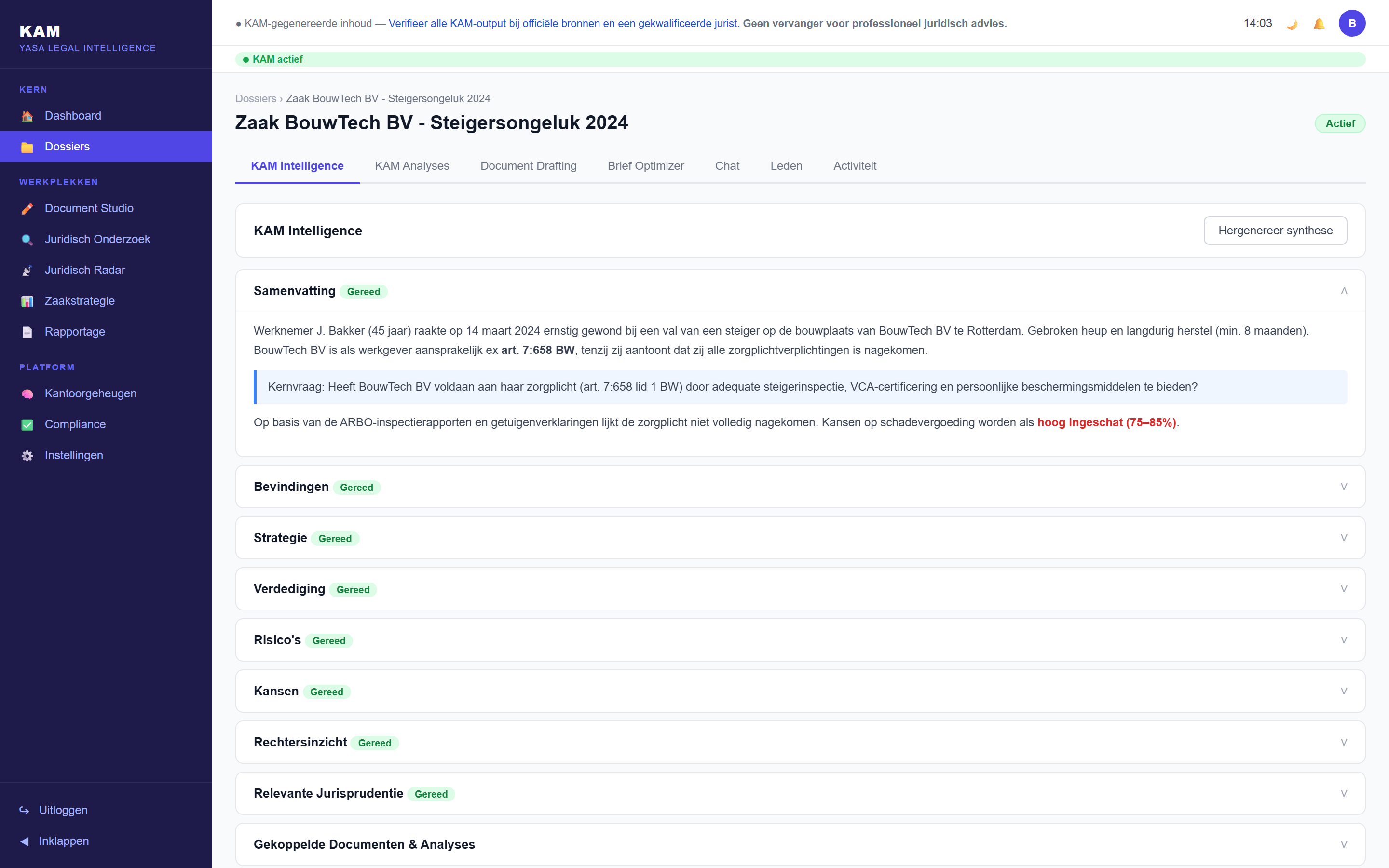 Case file detail: facts, parties, documents and analyses in one workspace